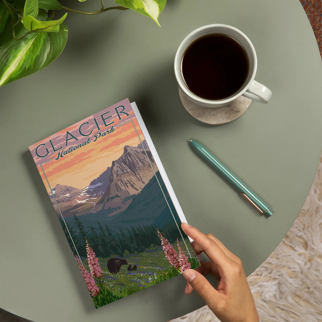 Lined 6x9 Journal, Glacier National Park, Montana, Bear and Spring Flowers, Mountains, Lay Flat, 193 Pages, FSC paper