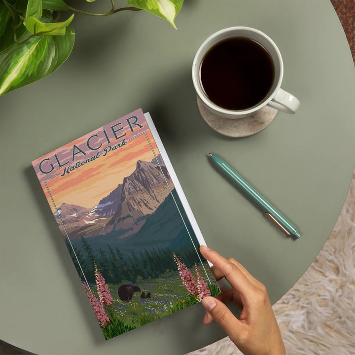 Lined 6x9 Journal, Glacier National Park, Montana, Bear and Spring Flowers, Mountains, Lay Flat, 193 Pages, FSC paper