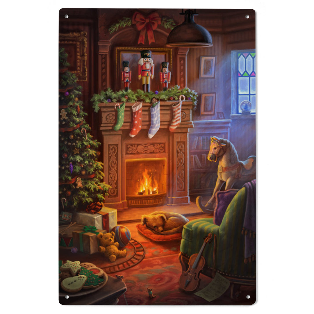 Christmas Morning, Stockings above Fireplace, Wood Signs and Postcards