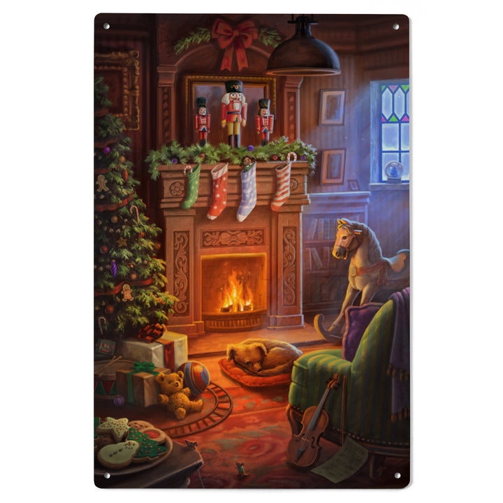 Christmas Morning, Stockings above Fireplace, Wood Signs and Postcards
