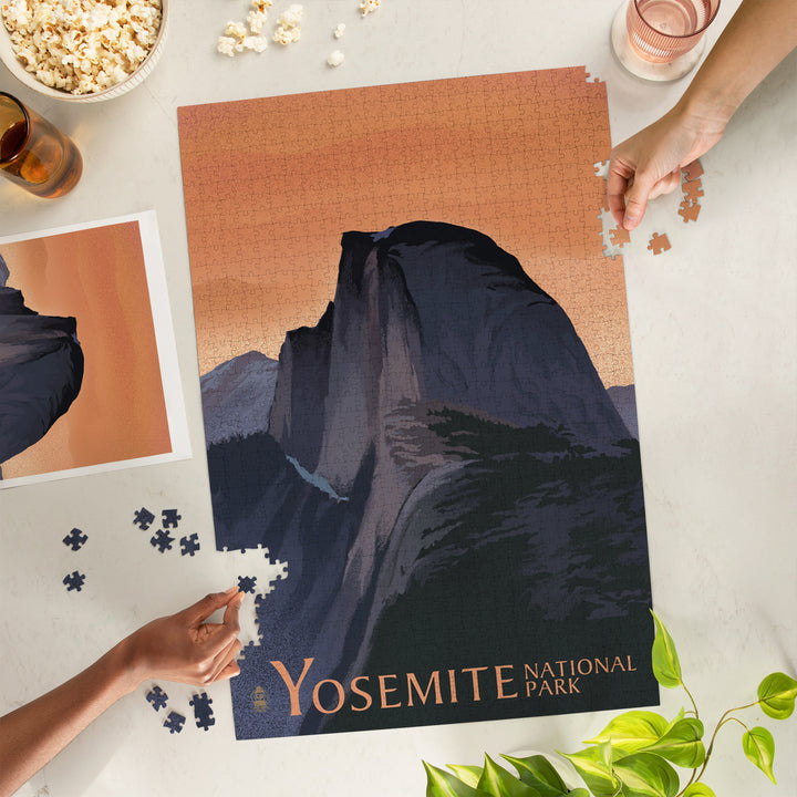 Yosemite National Park, California, Half Dome, Orange Sky, Lithograph, Jigsaw Puzzle