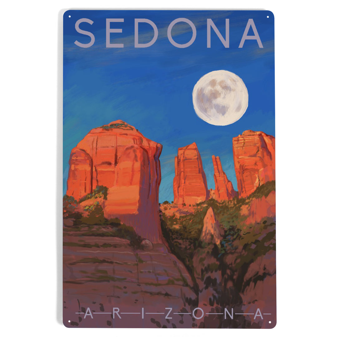 Sedona, Arizona, Cathedral Rock, Moon, Oil Painting, 12x18 Metal Sign
