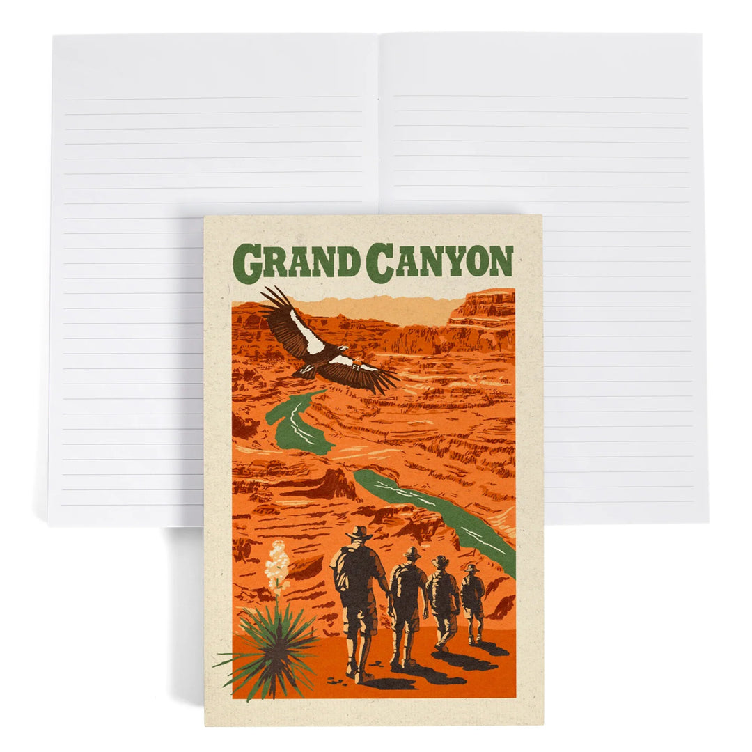 Lined 6x9 Journal, Grand Canyon National Park, Arizona, Hikers Scene, Woodblock, Lay Flat, 193 Pages, FSC paper