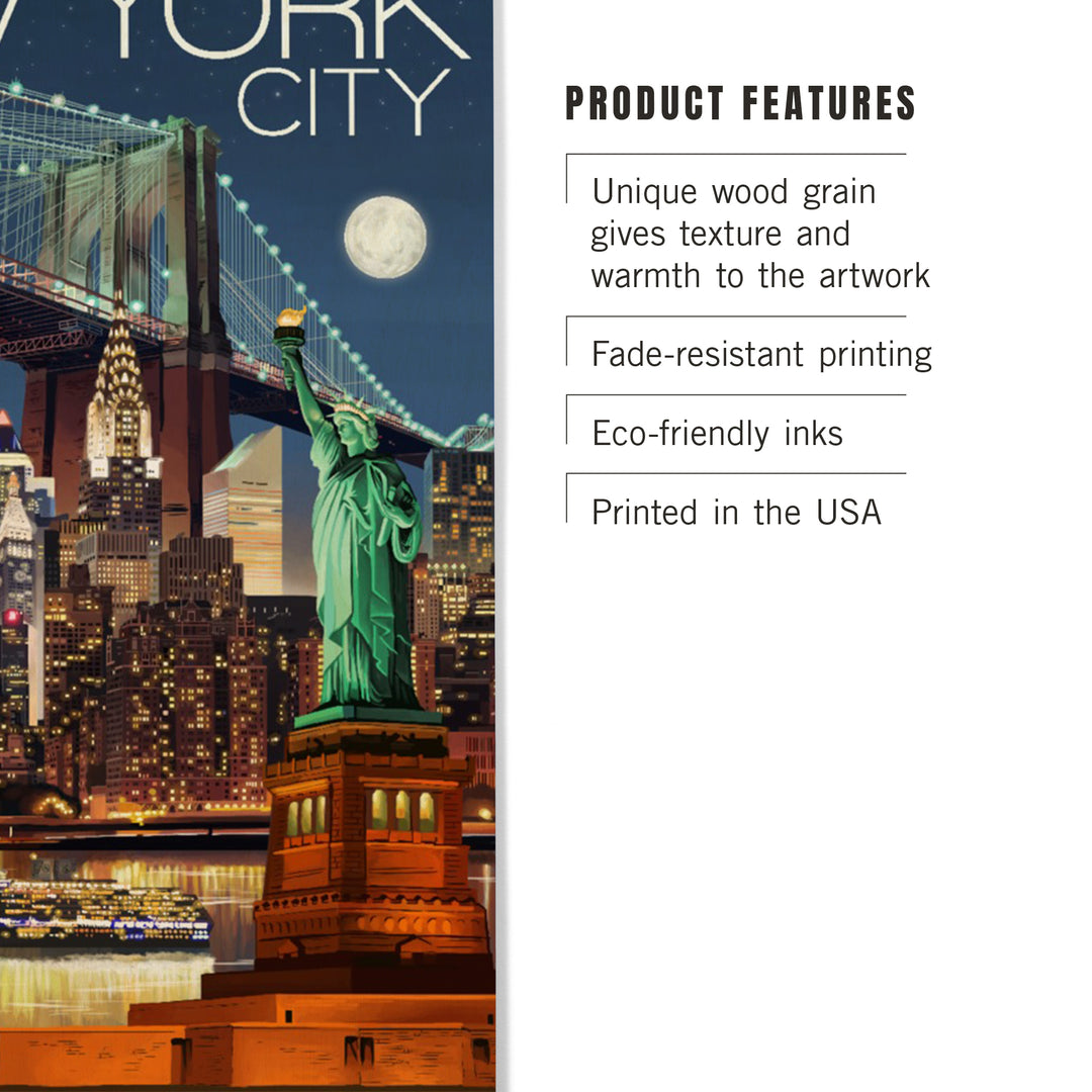 New York City, NY, Skyline at Night, Lantern Press Artwork, Wood Signs and Postcards