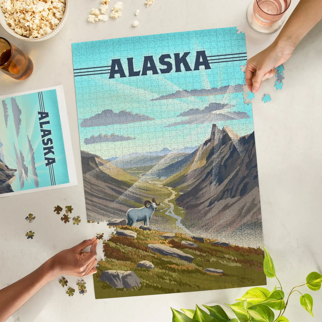 Alaska, Lithograph, Bighorn Sheep on Mountain, Jigsaw Puzzle