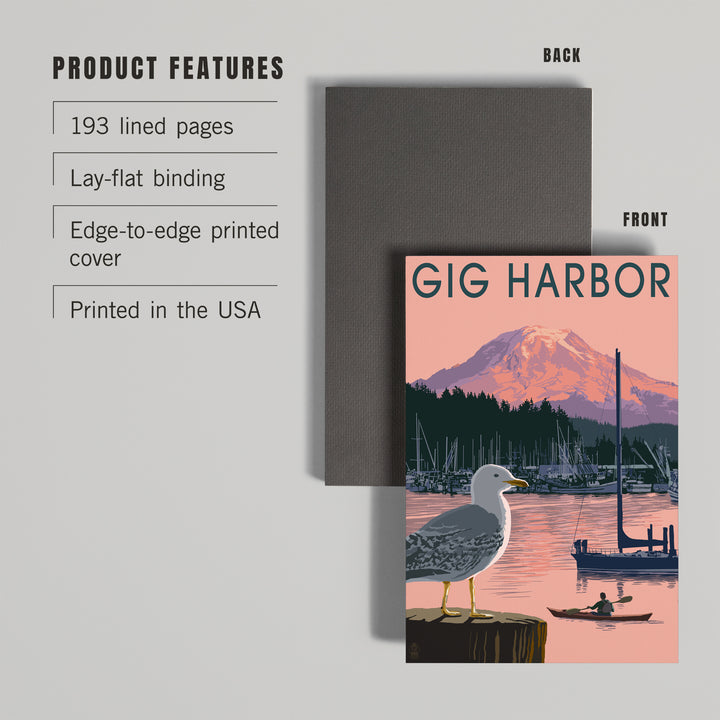 Lined 6x9 Journal, Gig Harbor, Washington, Marina and Rainier at Sunset, Lay Flat, 193 Pages, FSC paper