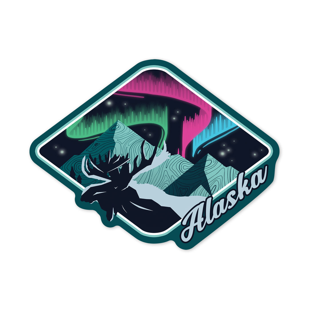Alaska, Northern Lights, Mountains, Moose, Vector, Contour, Vinyl Sticker