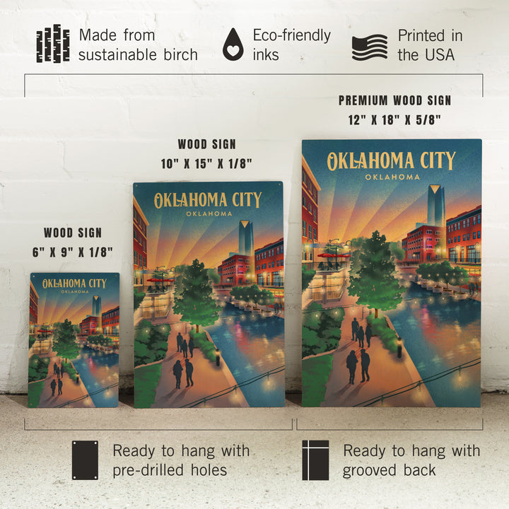 Oklahoma City, Oklahoma, Lithograph, River Walk, Wood Signs and Postcards