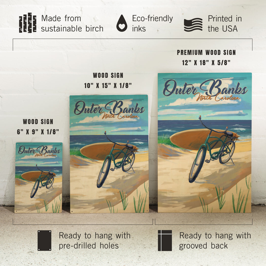 Outer Banks, North Carolina, Beach Cruiser on Beach, Lantern Press Artwork, Wood Signs and Postcards