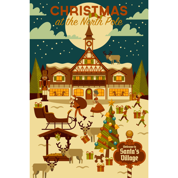 Christmas at the North Pole, Geometric, Lantern Press Artwork, Stretched Canvas