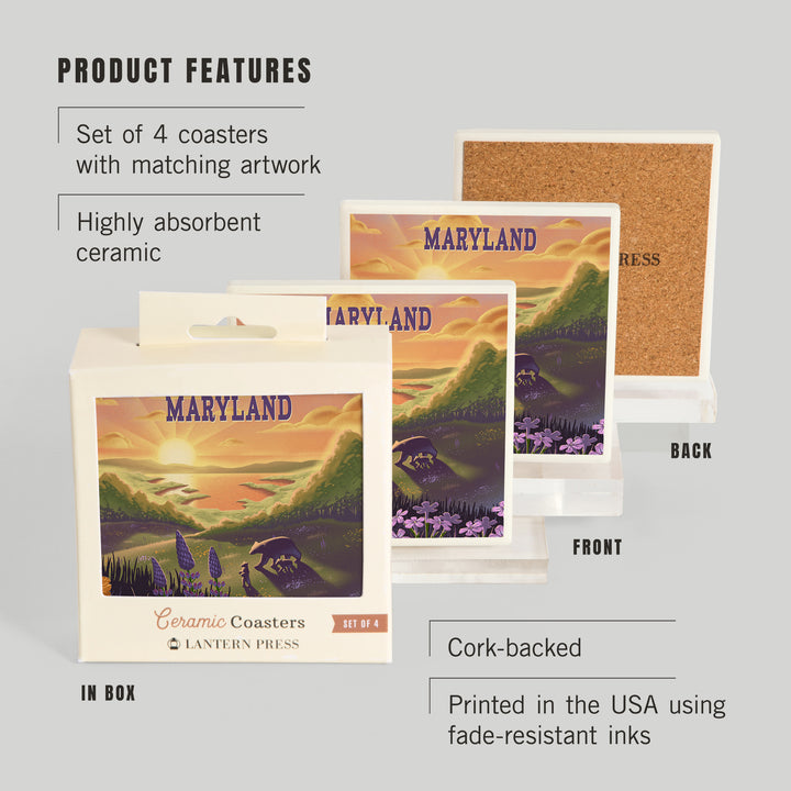 Maryland, Lithograph, Bear and Spring Flowers, Lake, Coasters