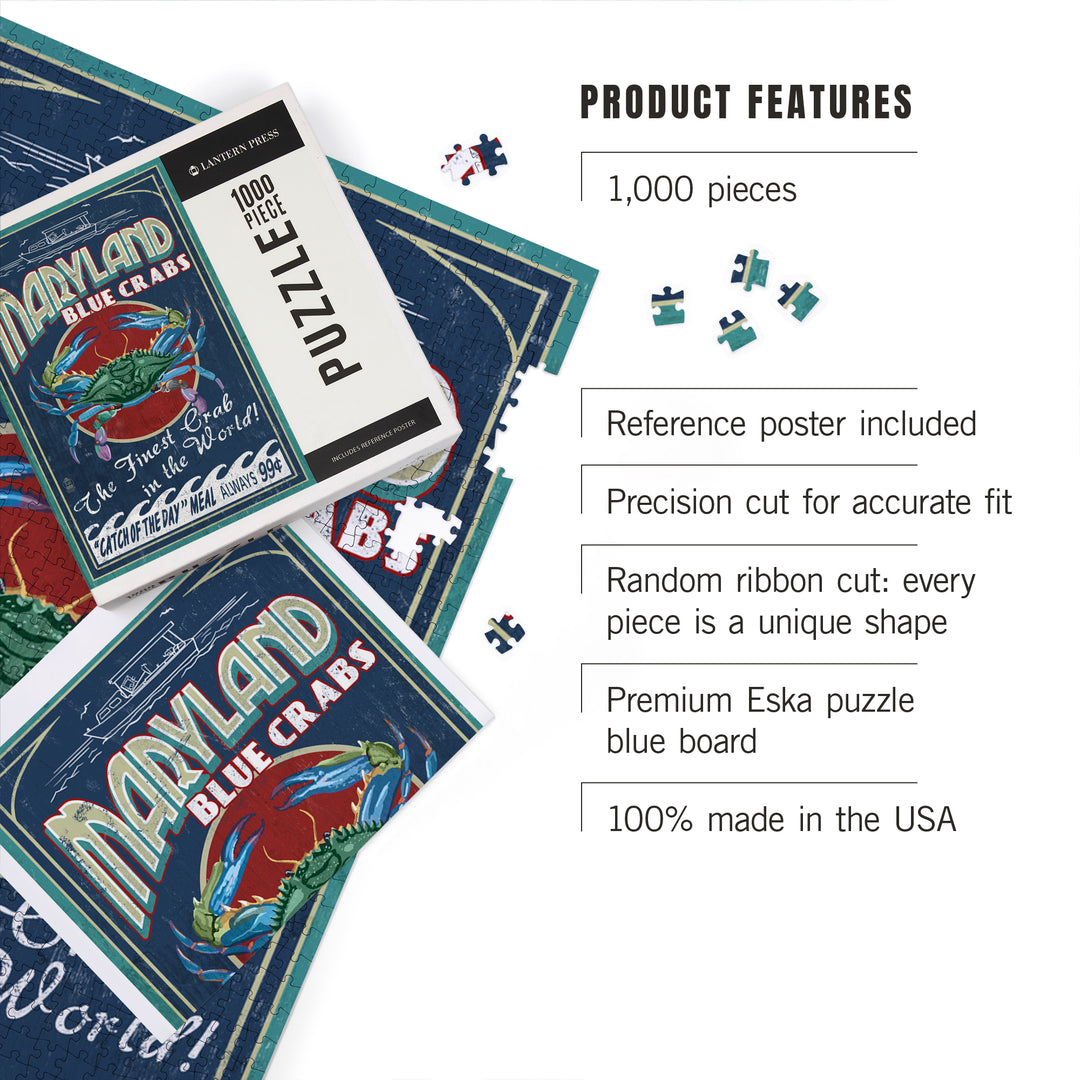 Maryland, Blue Crabs Vintage Sign, 1000 Piece Jigsaw Puzzle