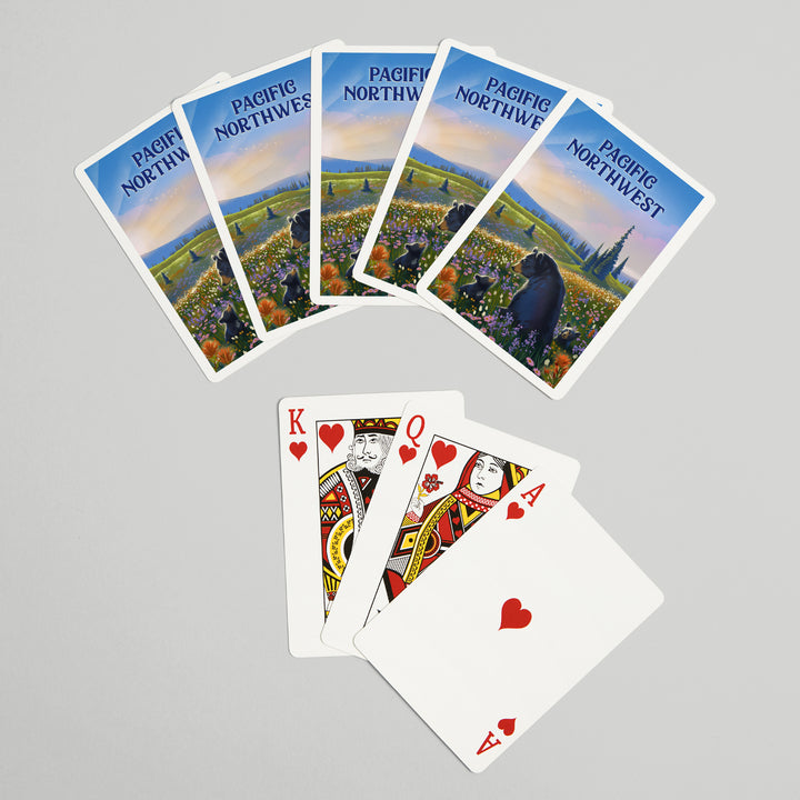Playing Cards, Pacific Northwest, Lithograph, Bear Family in Field, 52 Card Deck with Jokers in Box, Unique Art