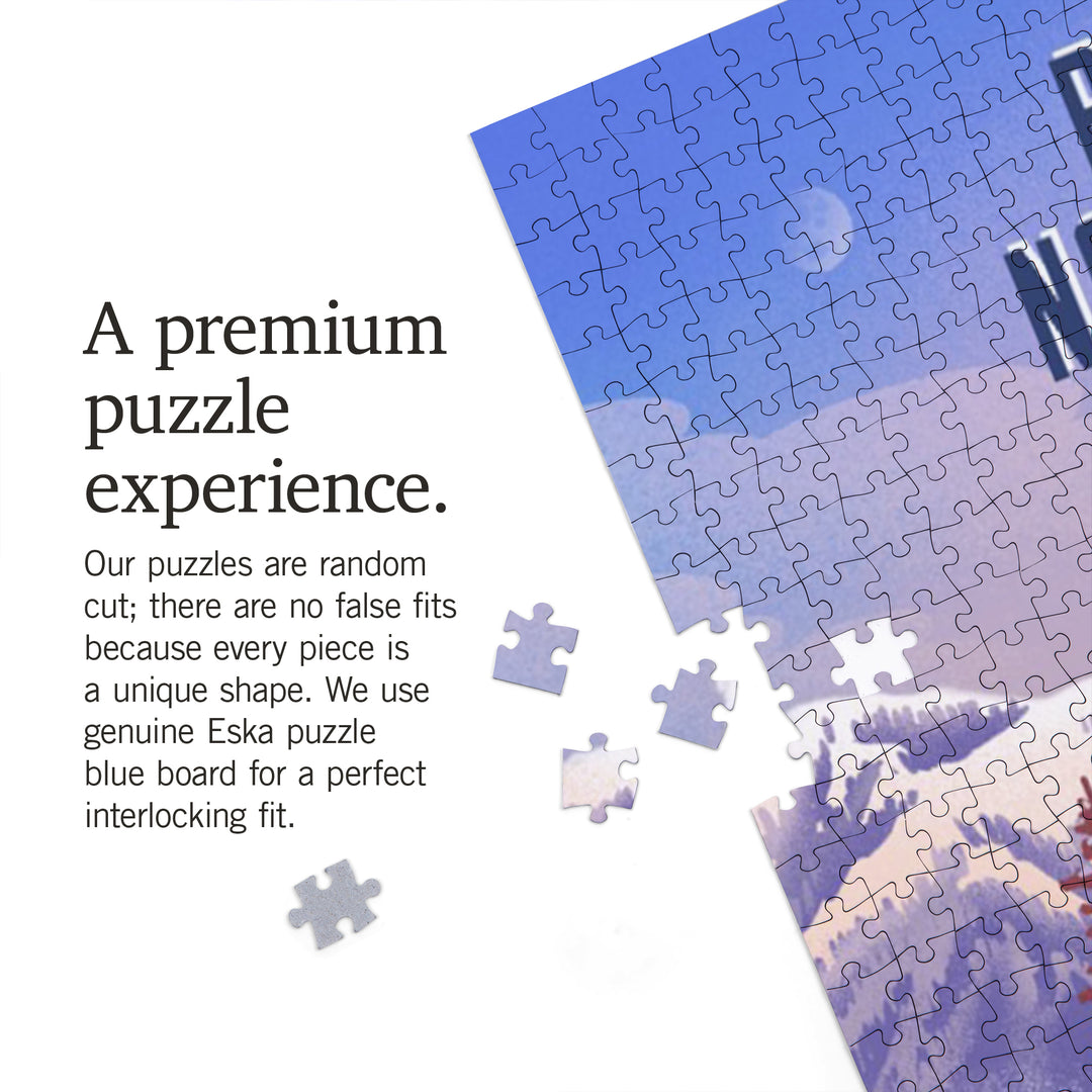 Pacific Northwest, Lithograph, Mountain Lodge, Winter Scene, 1000 Piece Jigsaw Puzzle