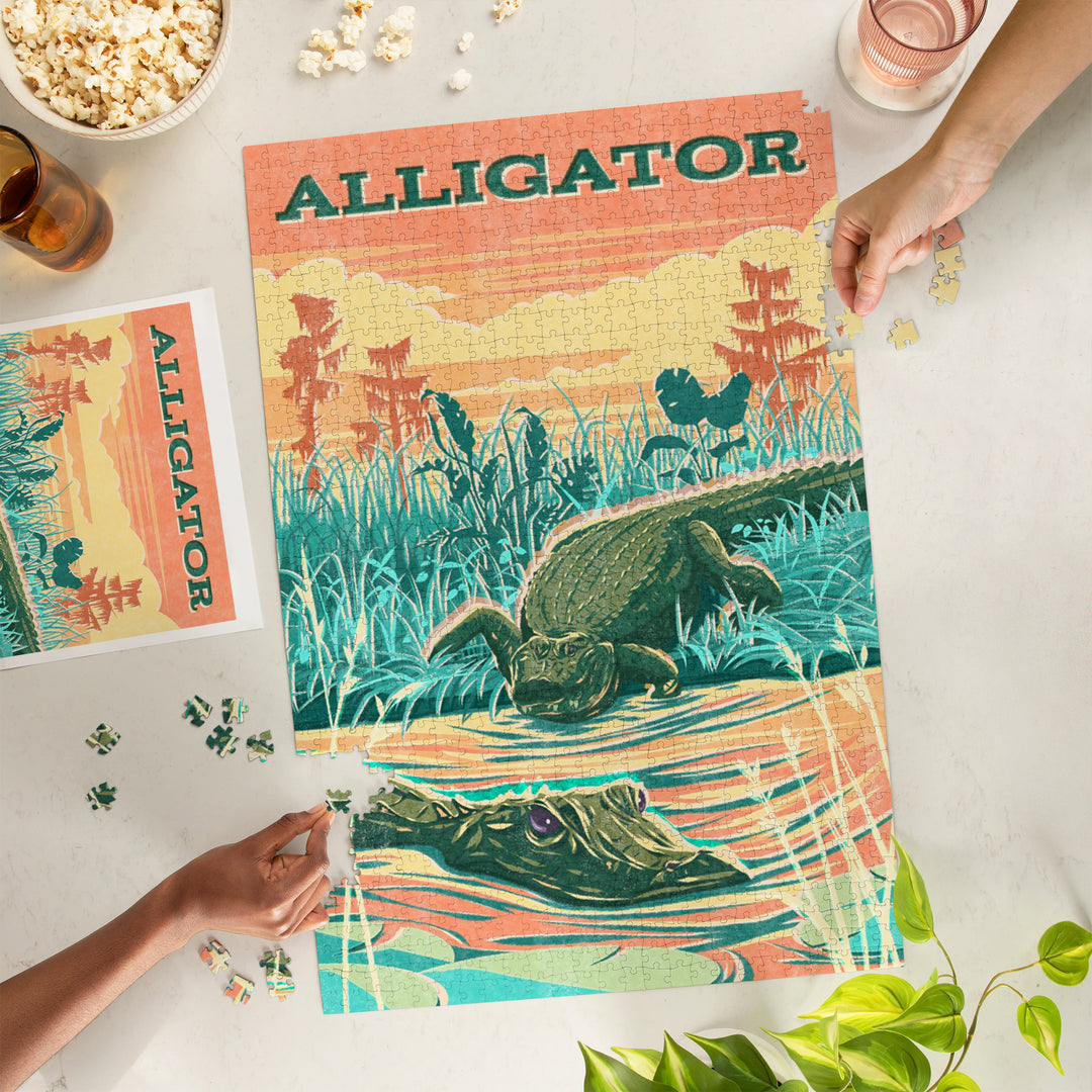 Vintage Print Press, Alligator, Jigsaw Puzzle