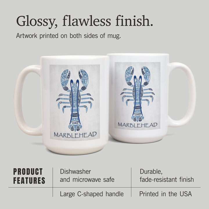 Marblehead, Massachusetts, Blue Lobster, Typography, Lantern Press Artwork, Ceramic Mug