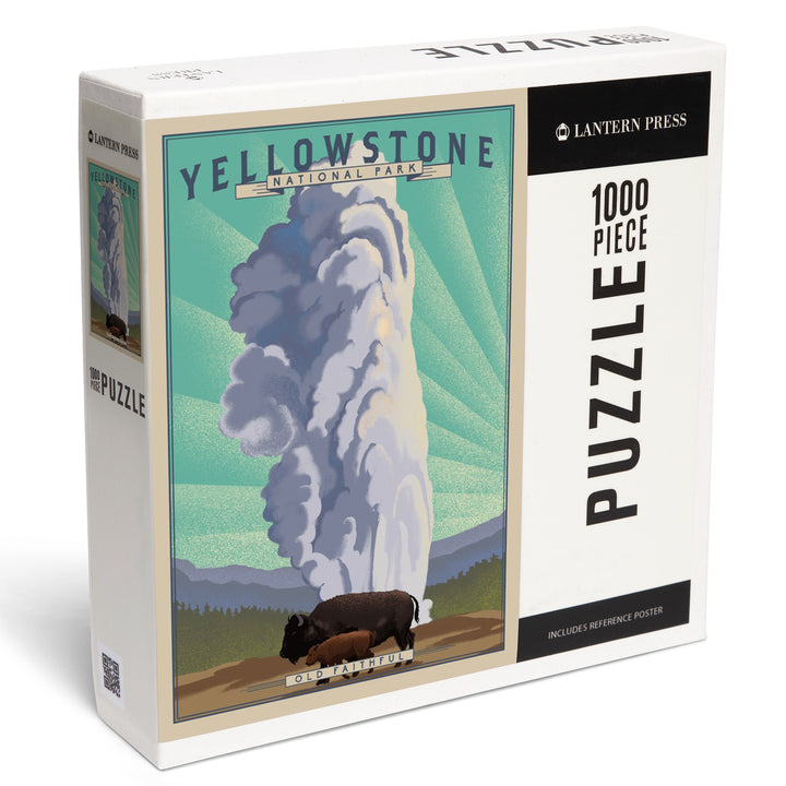 Yellowstone National Park, Wyoming, Old Faithful and Bison, Lithograph National Park Series, Jigsaw Puzzle