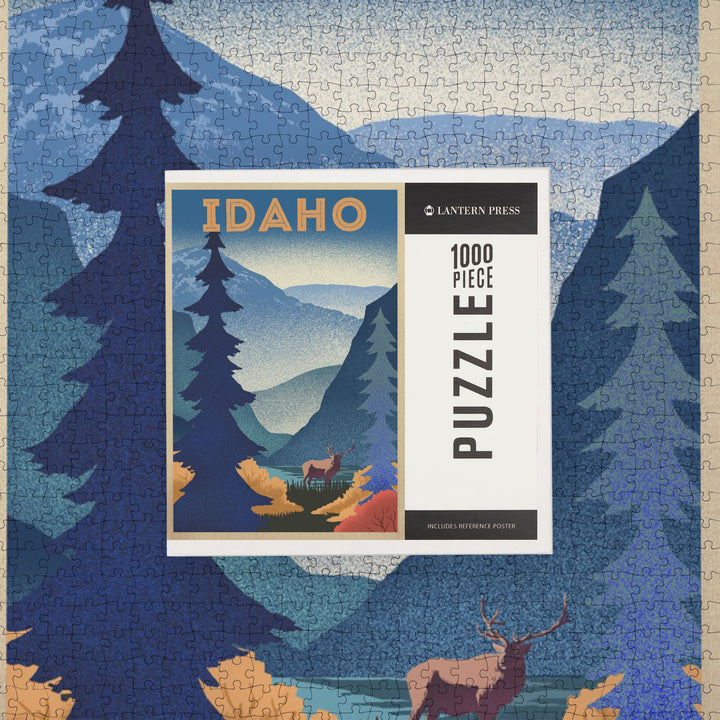 Idaho, Elk and Mountain Scene, Lithograph, 1000 Piece Jigsaw Puzzle