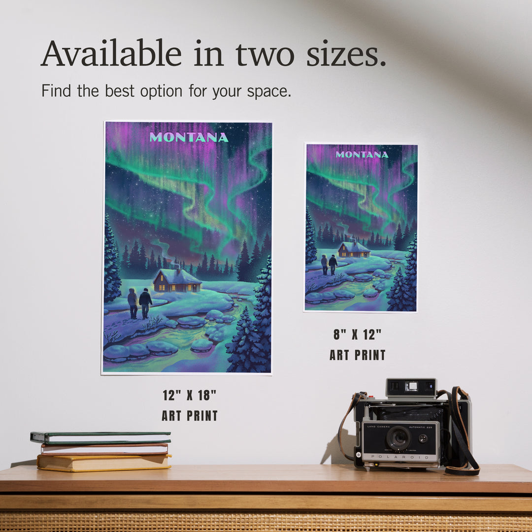 Montana, Litho, Northern Lights and Cabin, Art & Giclee Prints