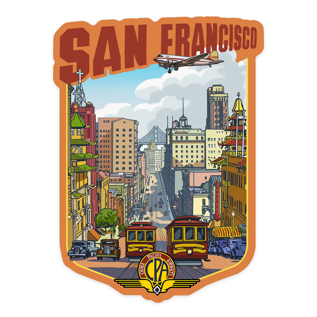 San Francisco, California, Vintage Travel Poster Style, Contour, Vinyl Sticker