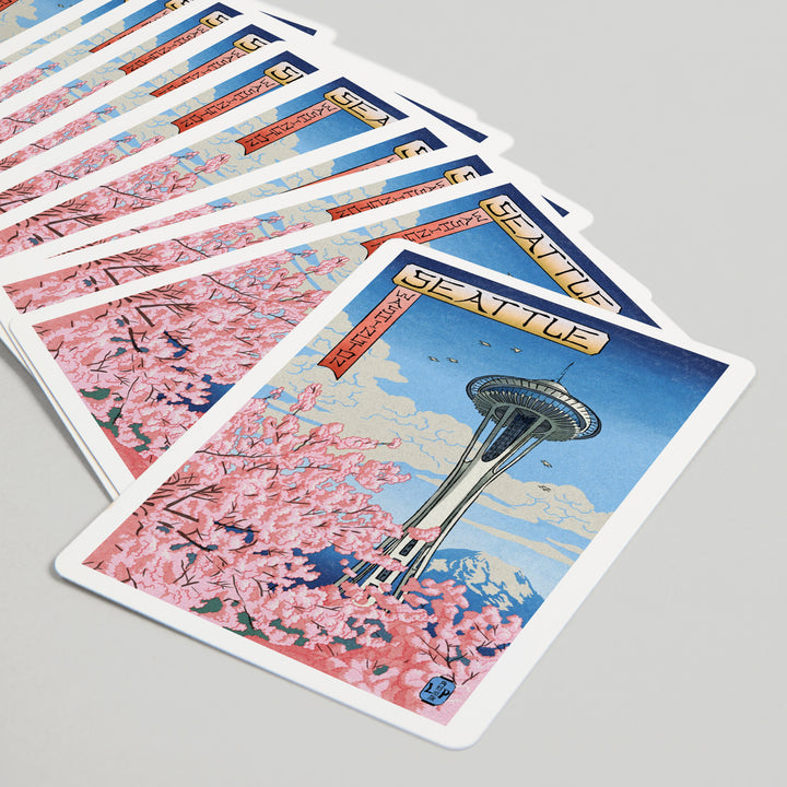 Playing Cards, Space Needle, Cherry Blossoms Woodblock, Seattle, Washington, 52 Card Deck with Jokers in Box, Unique Art