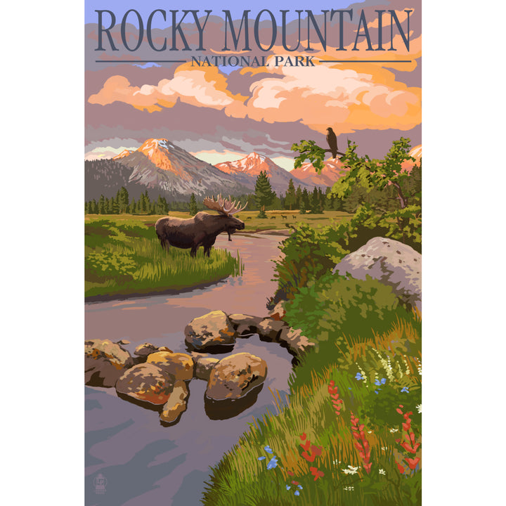Rocky Mountain National Park, Colorado, Moose & Meadow, Lantern Press Artwork, Stretched Canvas