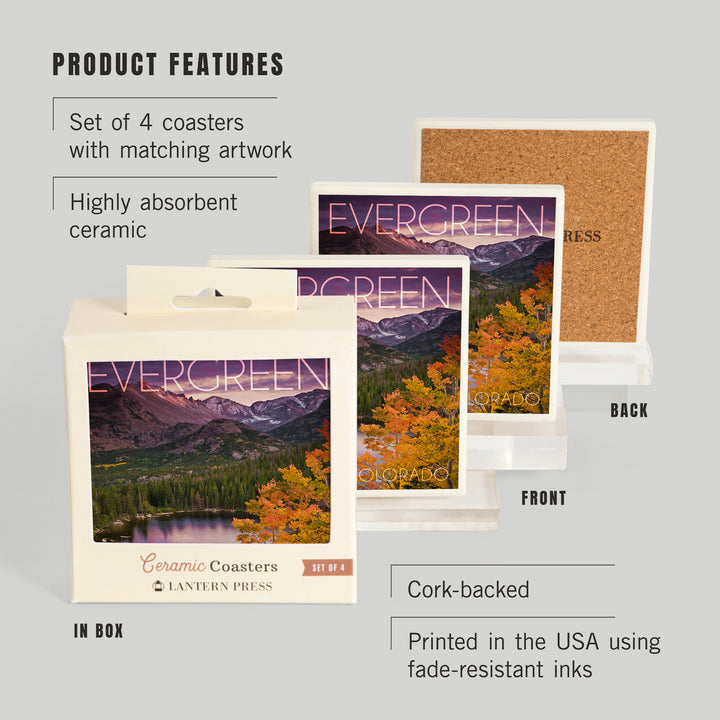 Evergreen, Colorado, Rocky Mountain National Park, Purple Sunset and Lake, Photography, Coasters