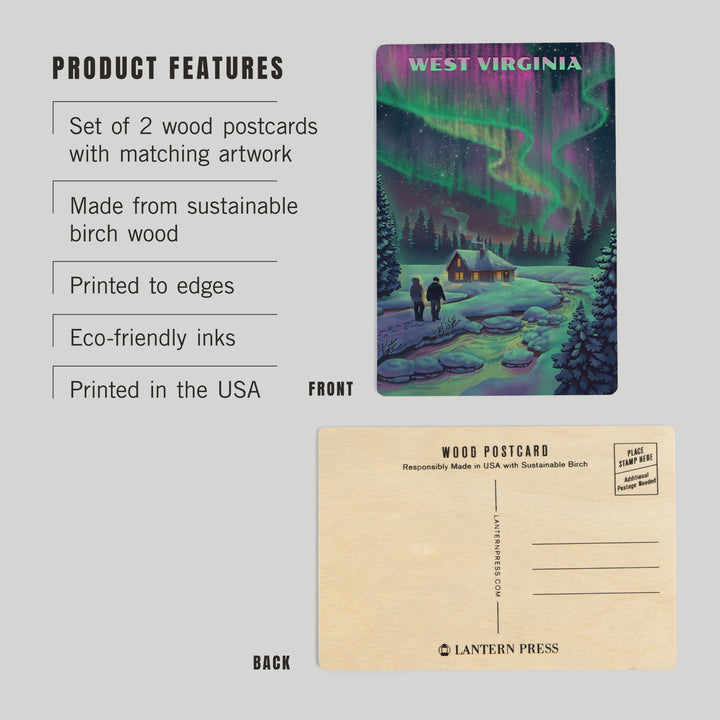 West Virginia, Northern Lights and Cabin, Wood Sign and Postcards