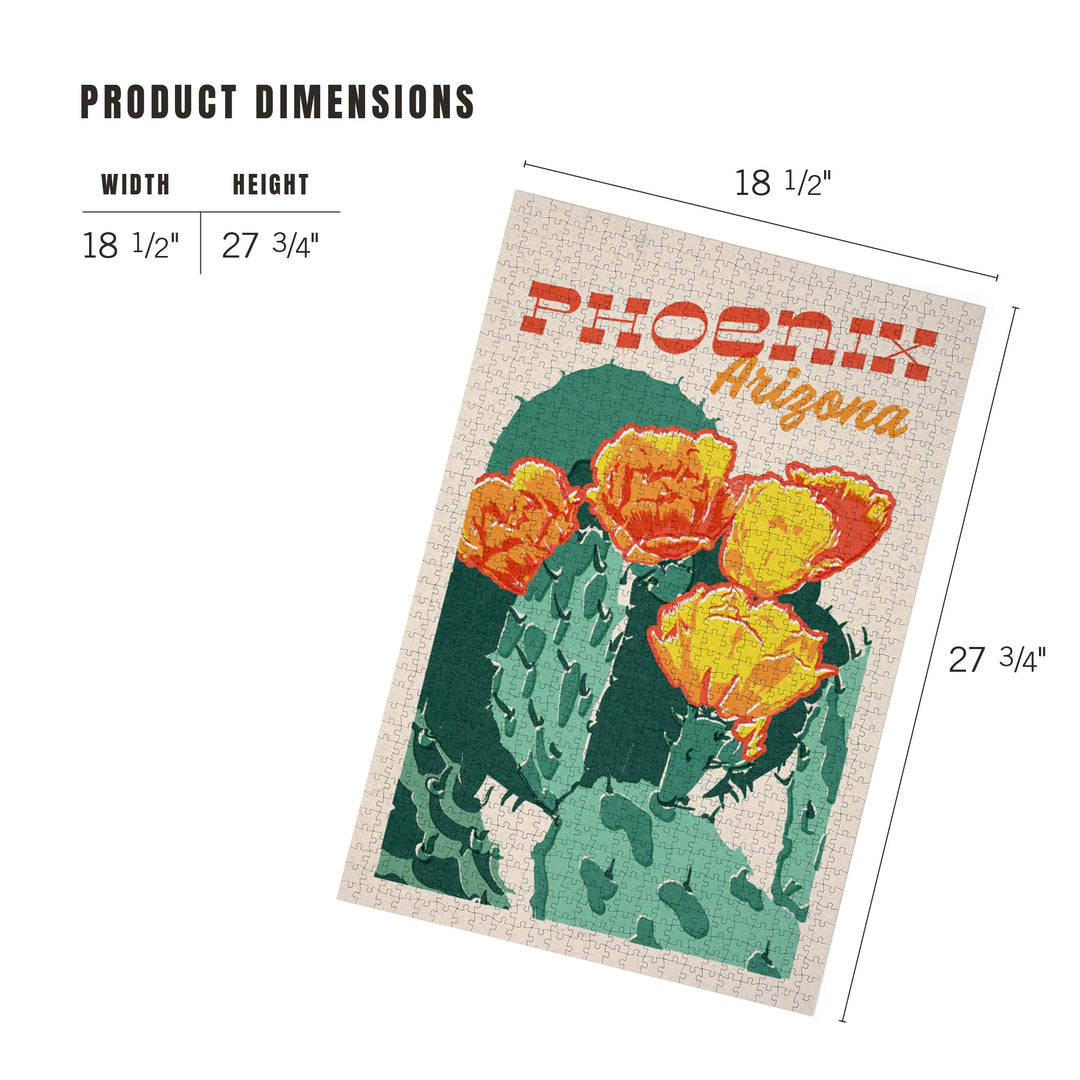 Phoenix, Arizona, Woodblock City Series, Cactus Blooms, 1000 Piece Jigsaw Puzzle