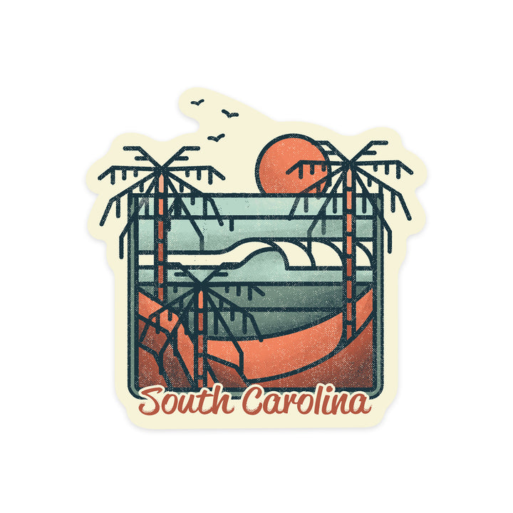 South Carolina, Palm Trees & Beach Scene, Block Lines, Contour, Lantern Press Artwork, Vinyl Sticker