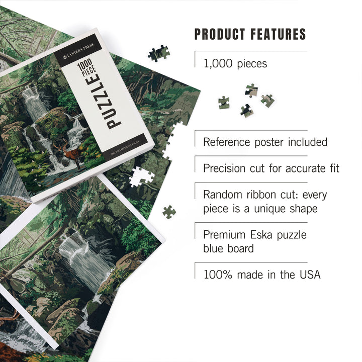 Deer and Waterfall, Painterly, 1000 Piece Jigsaw Puzzle