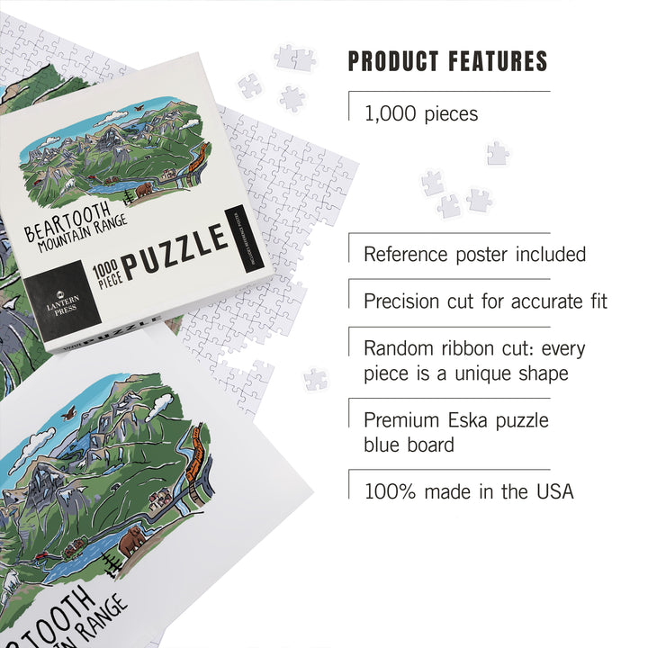 Beartooth Mountain Range, Montana, Line Drawing, 1000 Piece Jigsaw Puzzle