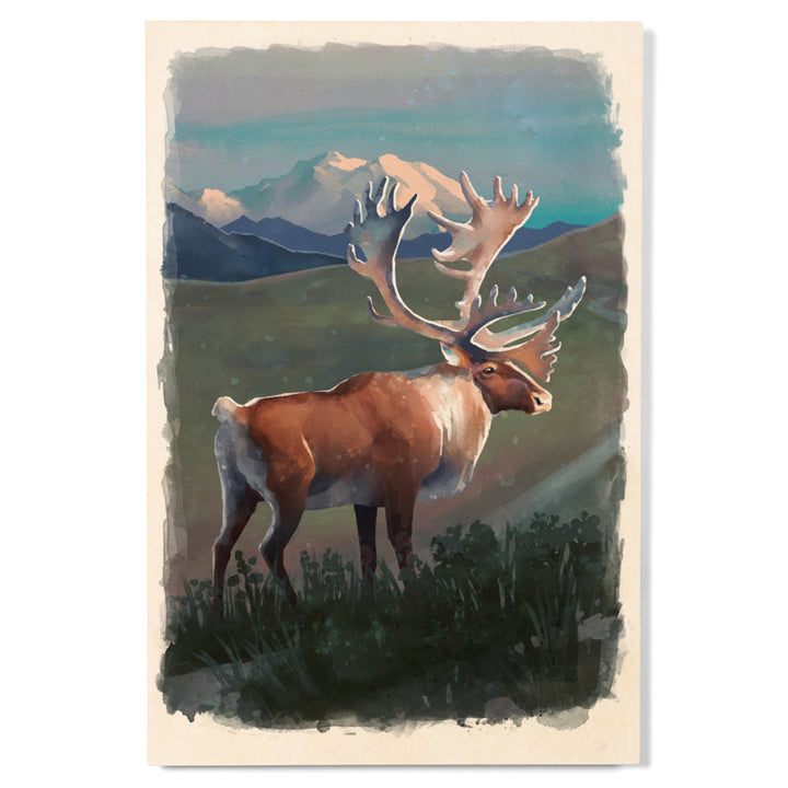 Watercolor Study, Caribou with Mountain, Wood Signs and Postcards