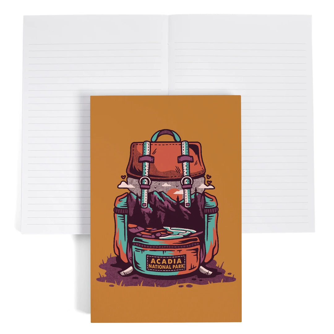 Lined 6x9 Journal, Acadia National Park, Maine, Backpack, Wander More, Distressed Vector, Lay Flat, 193 Pages, FSC paper