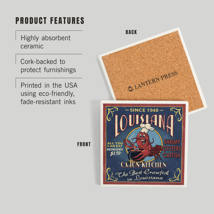 Louisiana, Cajun Kitchen Crawfish Vintage Sign, Coasters