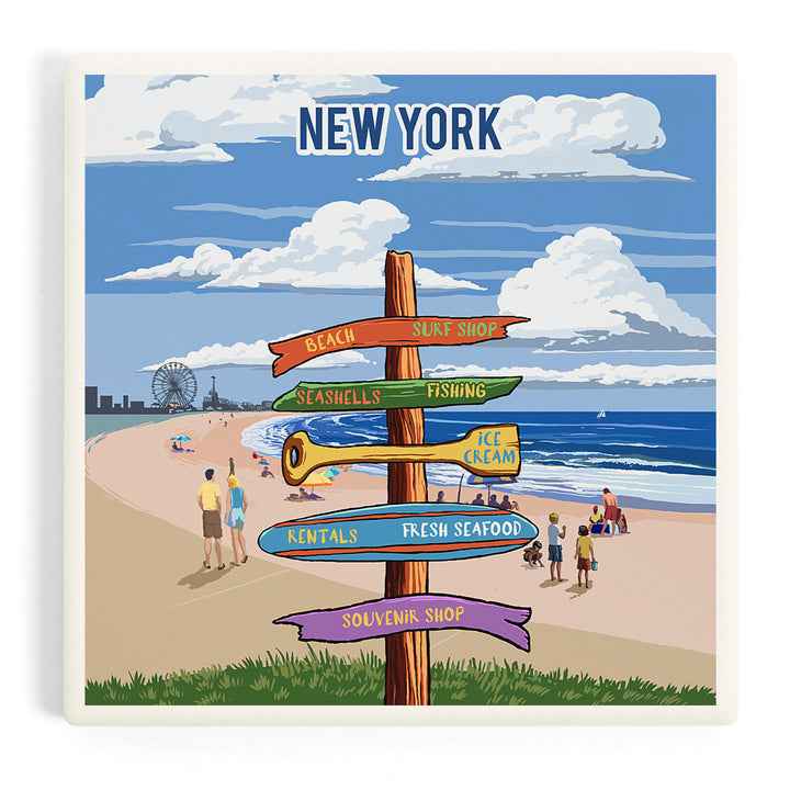 New York, Signpost, Coast Beach with Pier, Coasters
