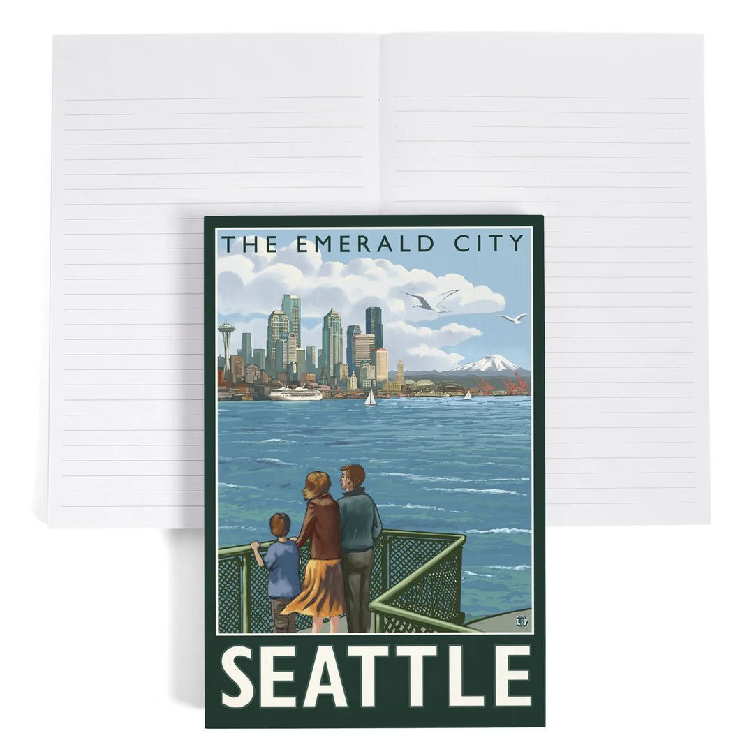 Lined 6x9 Journal, Seattle, Washington, Skyline, The Emerald City and Ferry, Lay Flat, 193 Pages, FSC paper