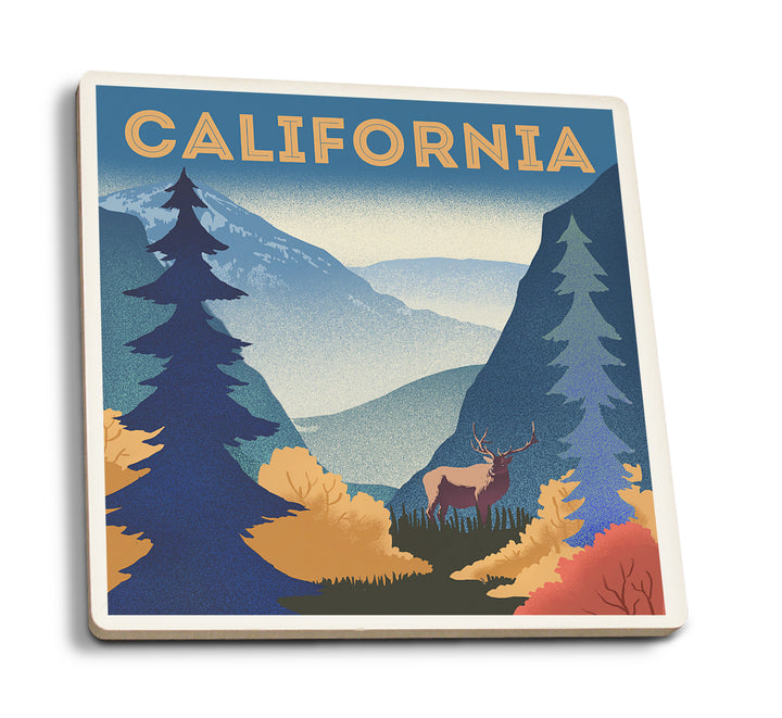 California, Lithograph, Elk and Mountain Scene, Coaster Set
