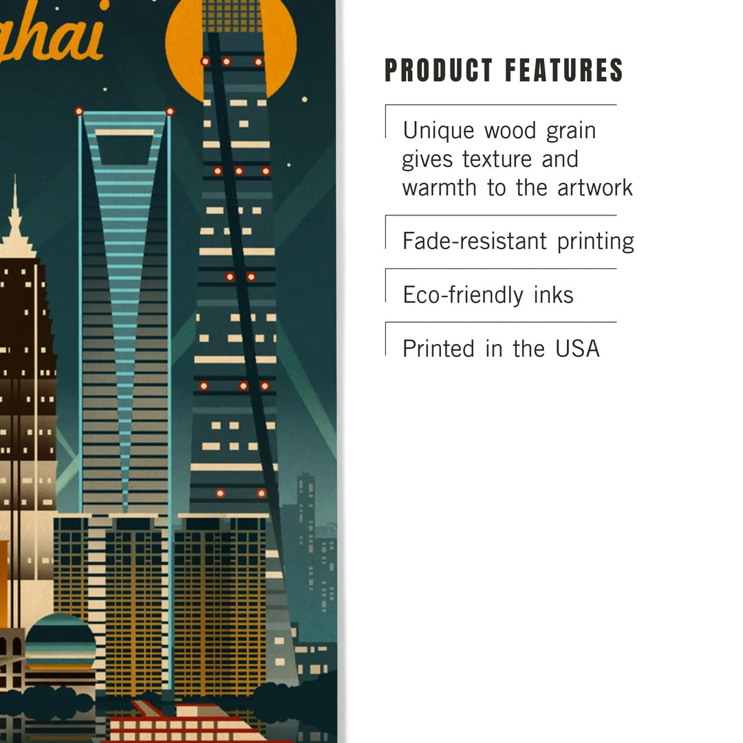 Shanghai, China, Retro Skyline, Wood Sign and Postcards