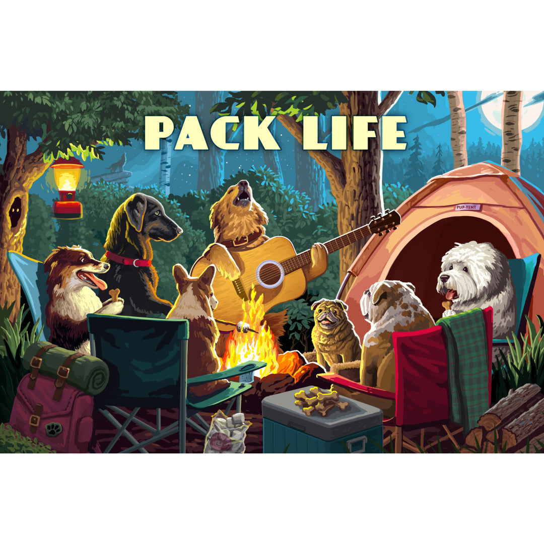 Painterly, Pack Life, Dogs Around Campfire, Sentiment, Stretched Canvas