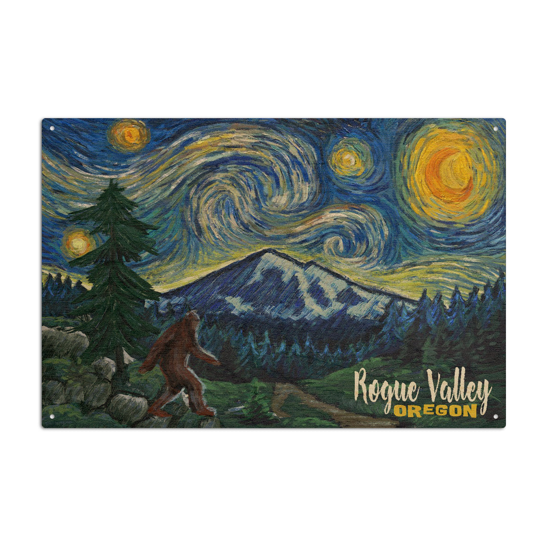 Rogue Valley, Oregon, Bigfoot, Starry Night, Lantern Press Artwork, Wood Signs and Postcards