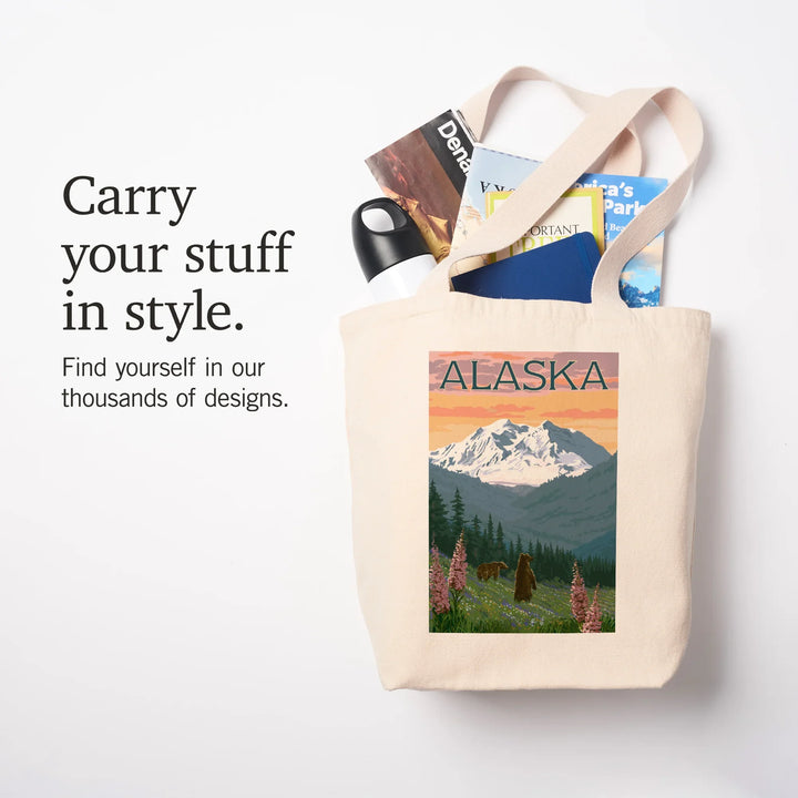 Alaska, Painterly, Grizzly Bear and Spring Flowers, Tote Bag
