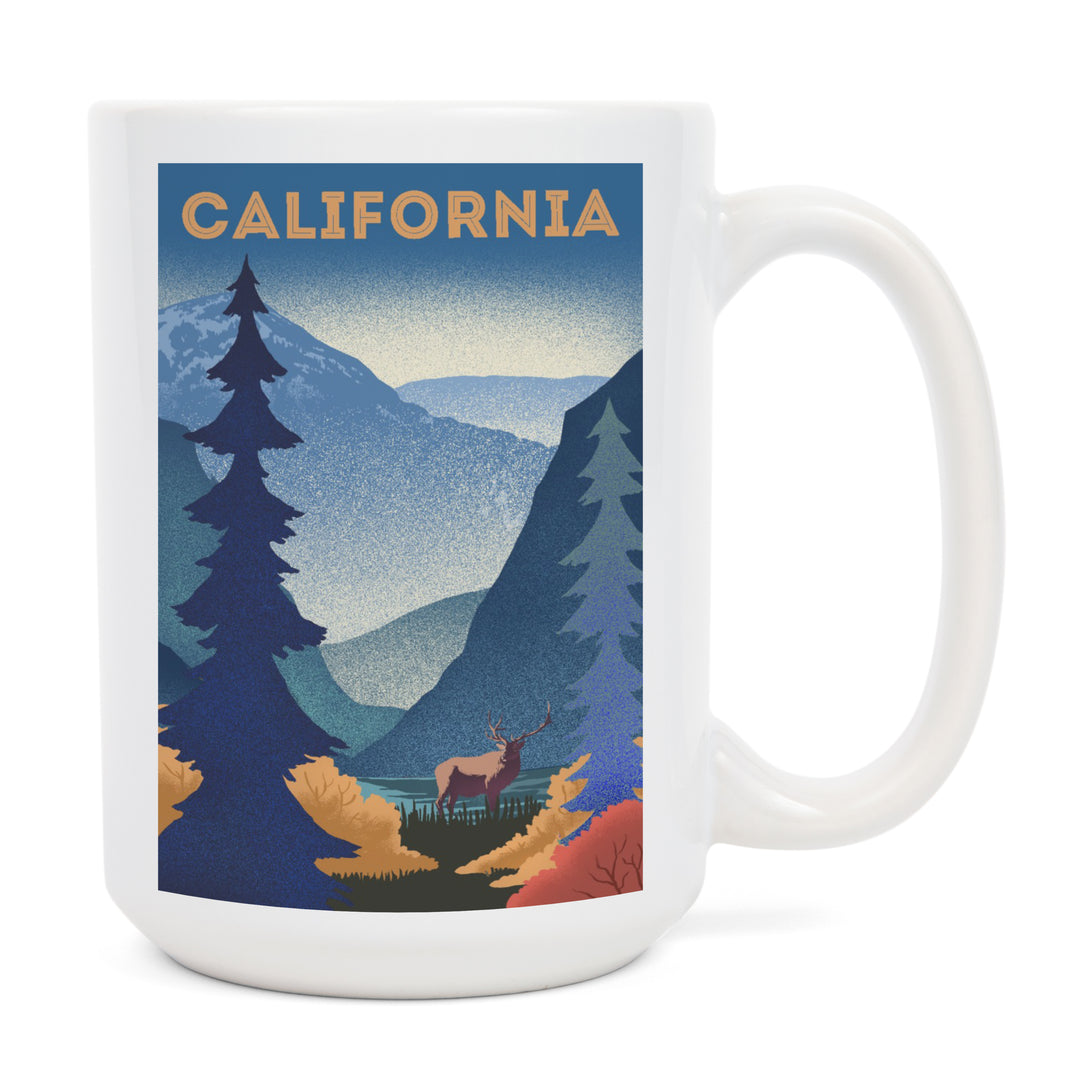 California, Lithograph, Elk and Mountain Scene, Ceramic Mug