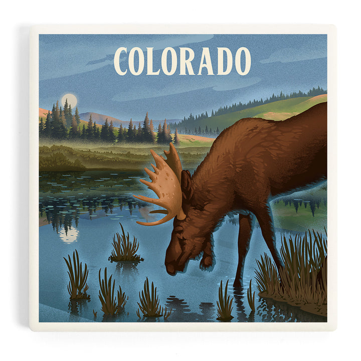Colorado, Lithograph, Reflection Pond and Bull Moose, Coasters