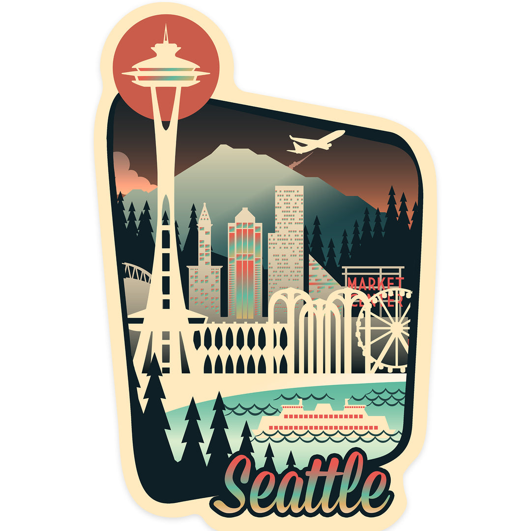 Seattle, Washington, Seattle Retro Skyline, Aqua & Salmon, Contour, Lantern Press Artwork_ST, Vinyl Sticker