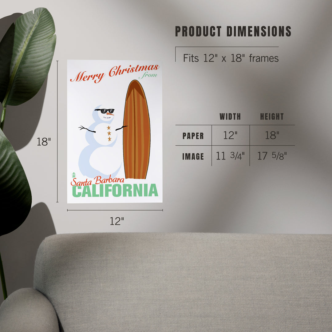 Santa Barbara, California, Merry Christmas from California, Snowman and Surfboard, Art & Giclee Prints