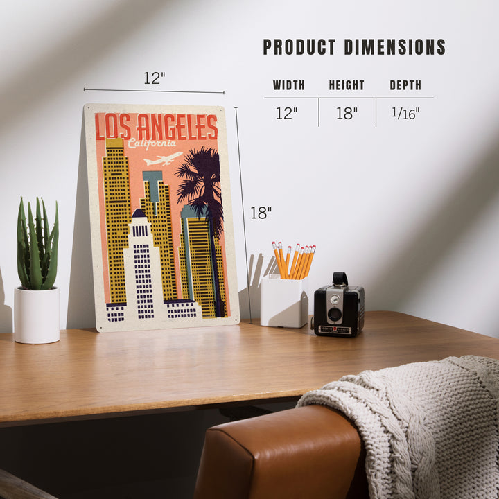Los Angeles, California, Woodblock City Series, Skyline, 12x18 Metal Sign
