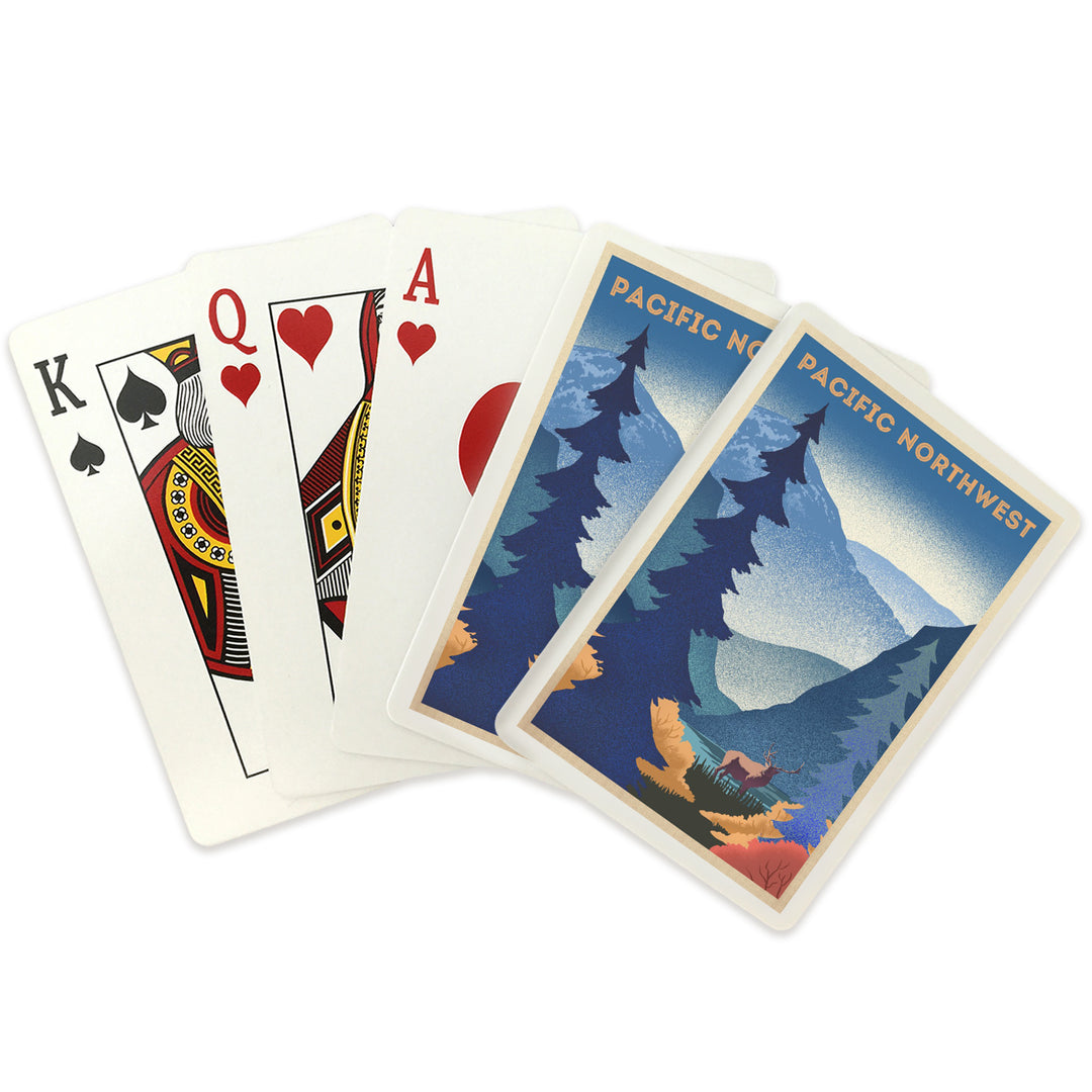 Playing Cards, Pacific Northwest, Elk and Mountain Scene, Lithograph, 52 Card Deck with Jokers in Box, Unique Art