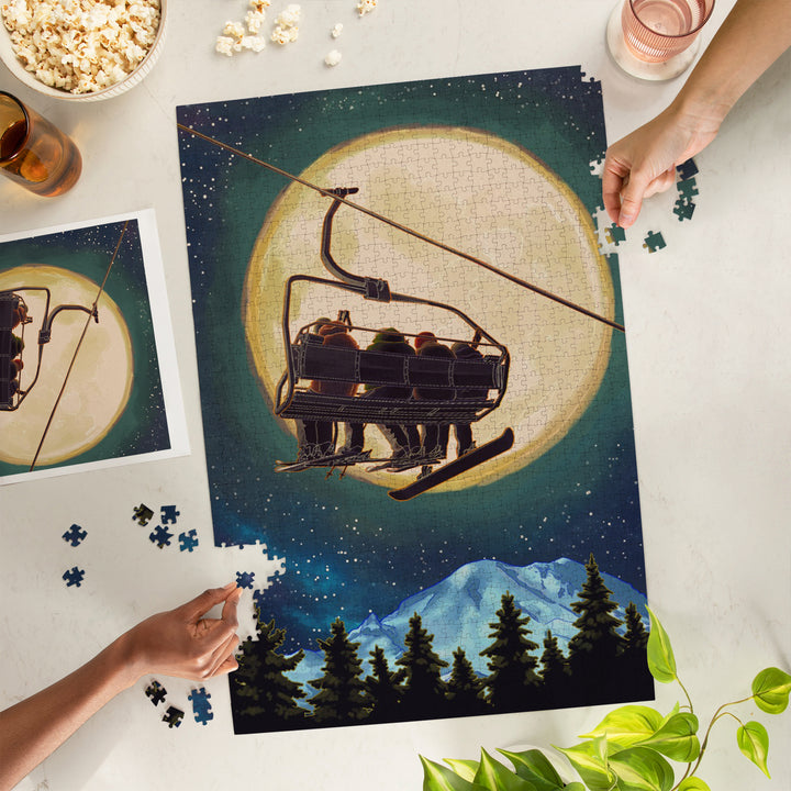 Ski Lift and Full Moon with Snowboarder, 1000 Piece Jigsaw Puzzle