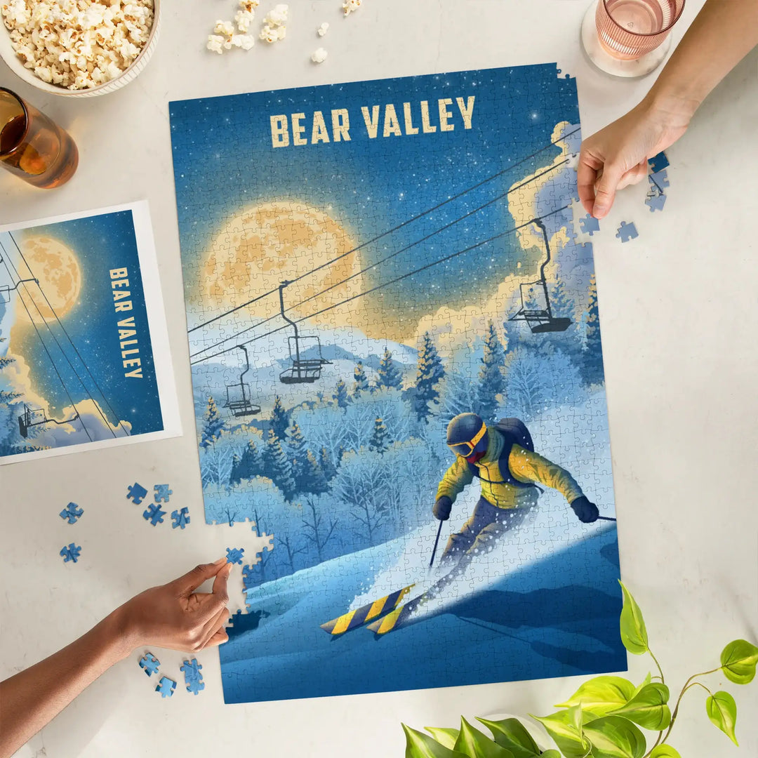 Bear Valley, California, Lithograph, Night Ski, Jigsaw Puzzle